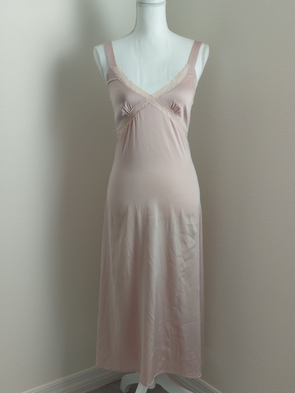Beverly & Beck Blush Pink Lace Trim Maxi Slip Dress XS Satin Lingerie Gown - Picture 2 of 11